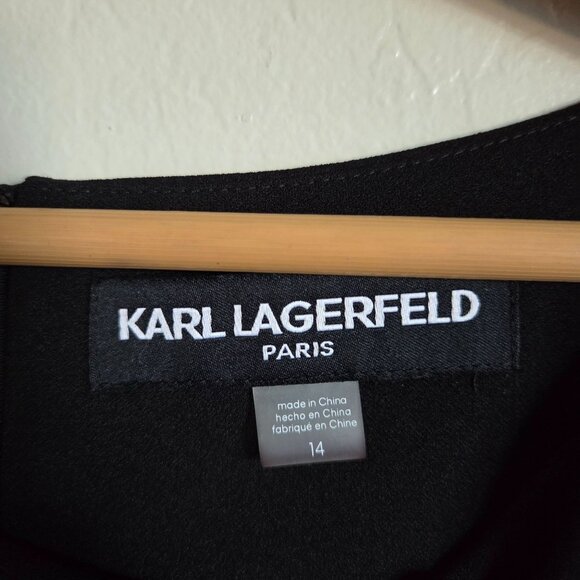Karl Lagerfeld Black Tulip Bell Sleeve Crepe Sheath Dress Womens 14 Work Career - Picture 2 of 12